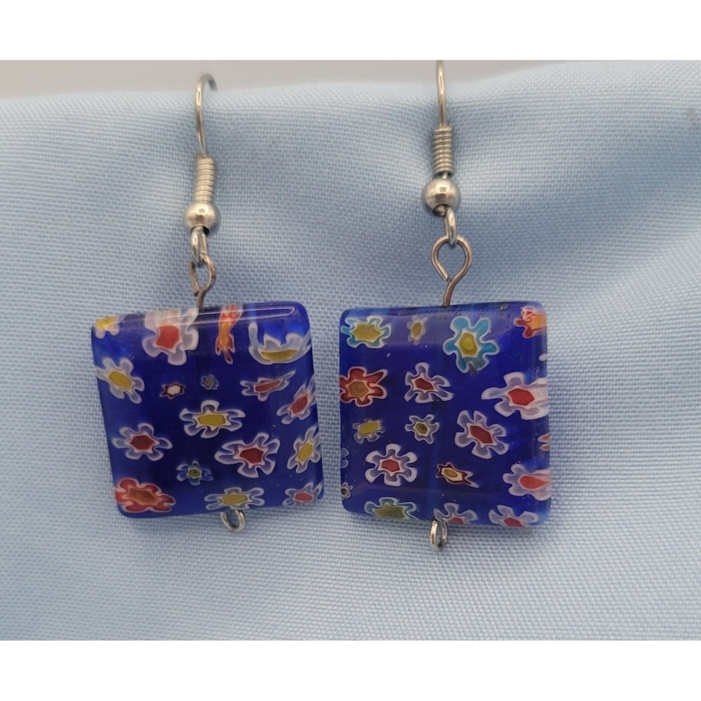 Vintage Drop Dangle Milliefiori Flower Multicolored Pierced Earrings .75” Blue - Picture 1 of 7